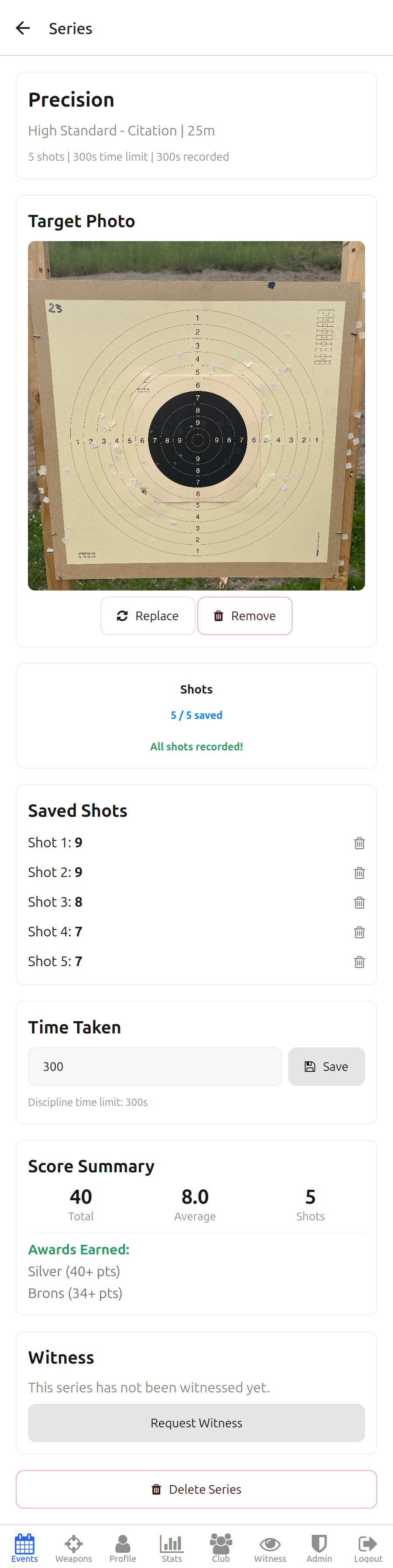 Shot Log series detail screen showing an uploaded target and the automatic score returned by the system
